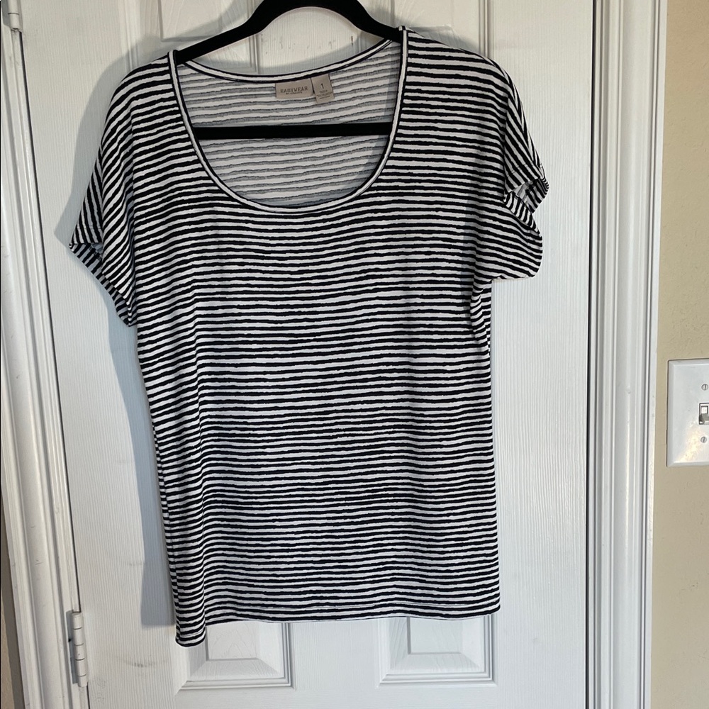 Chico’s striped scoop neck shirt, black and white stripe, medium